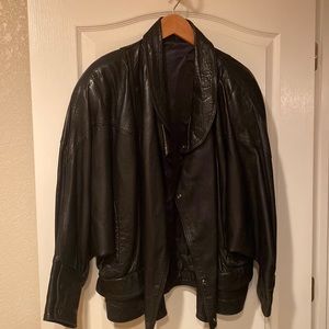 Retro Black Leather Dolman Sleeve Bomber Jacket